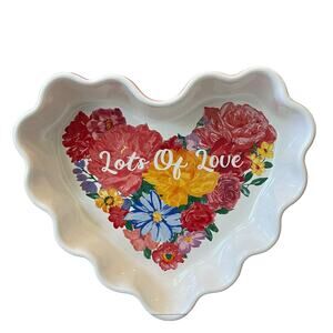 Pioneer Woman Valentines Heart Shaped Ceramic Baking Dish Pink Floral 9.65x7 New
